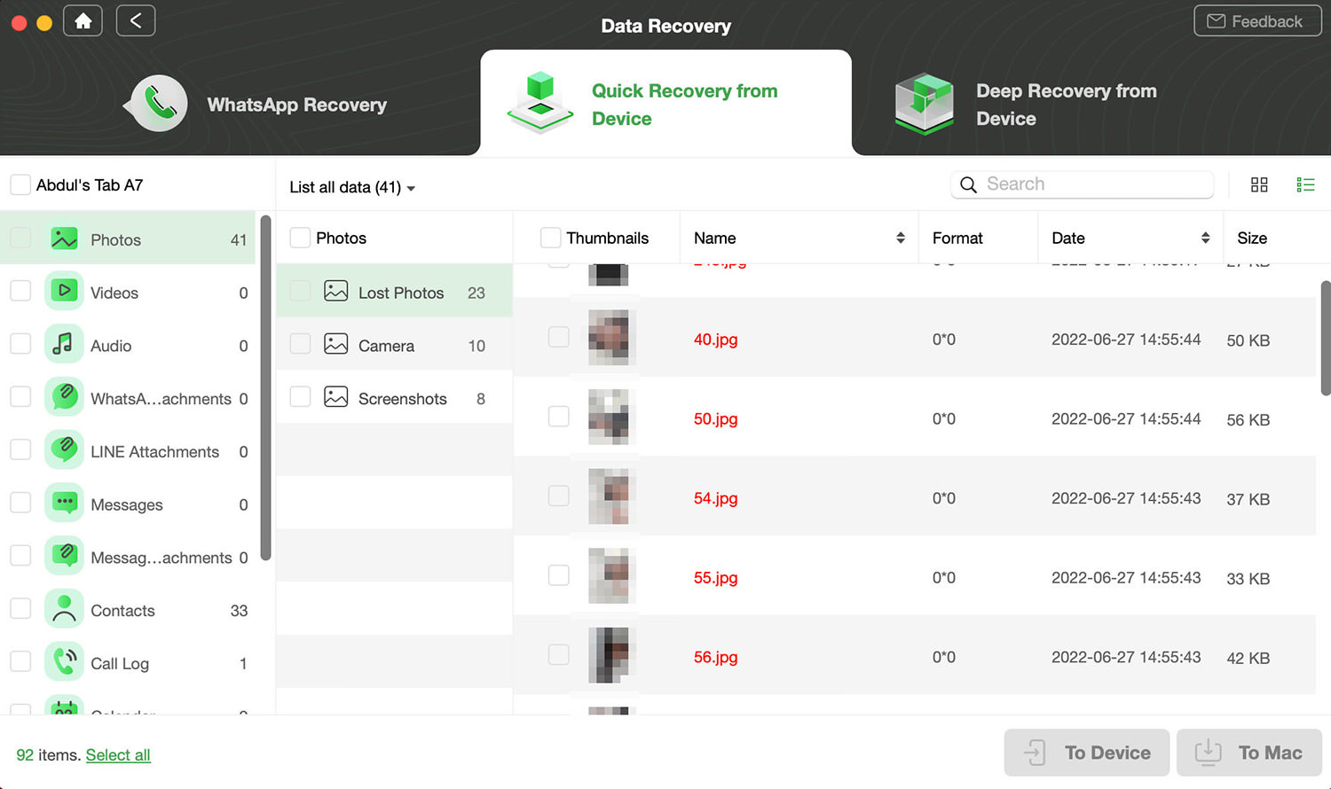 vista previa de datos de droidkit